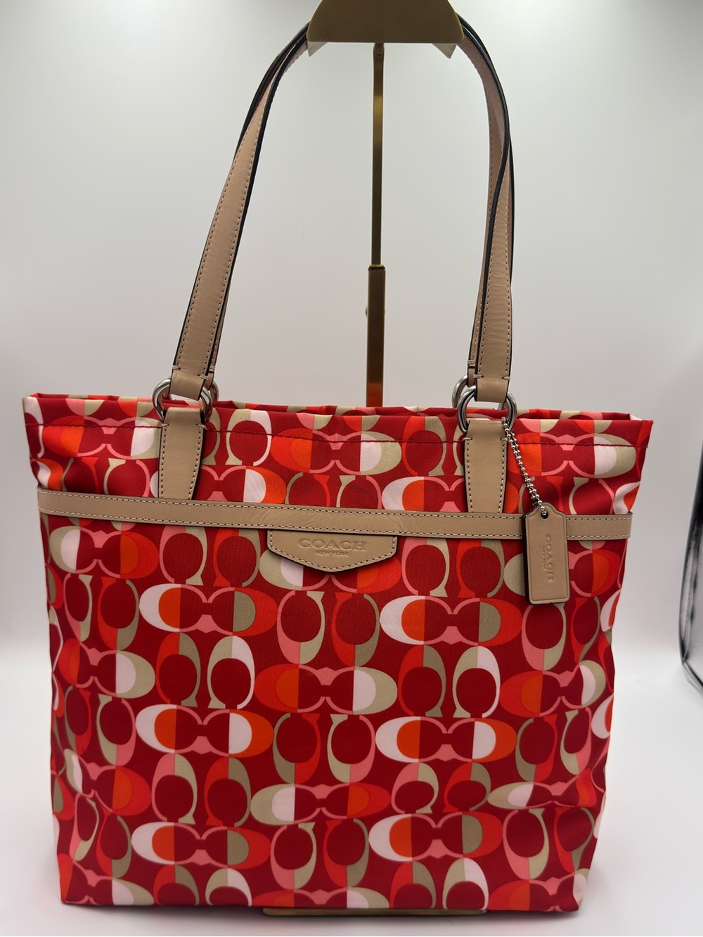 Coach Ashley Op Art Scarf Print Tote with Leather Straps